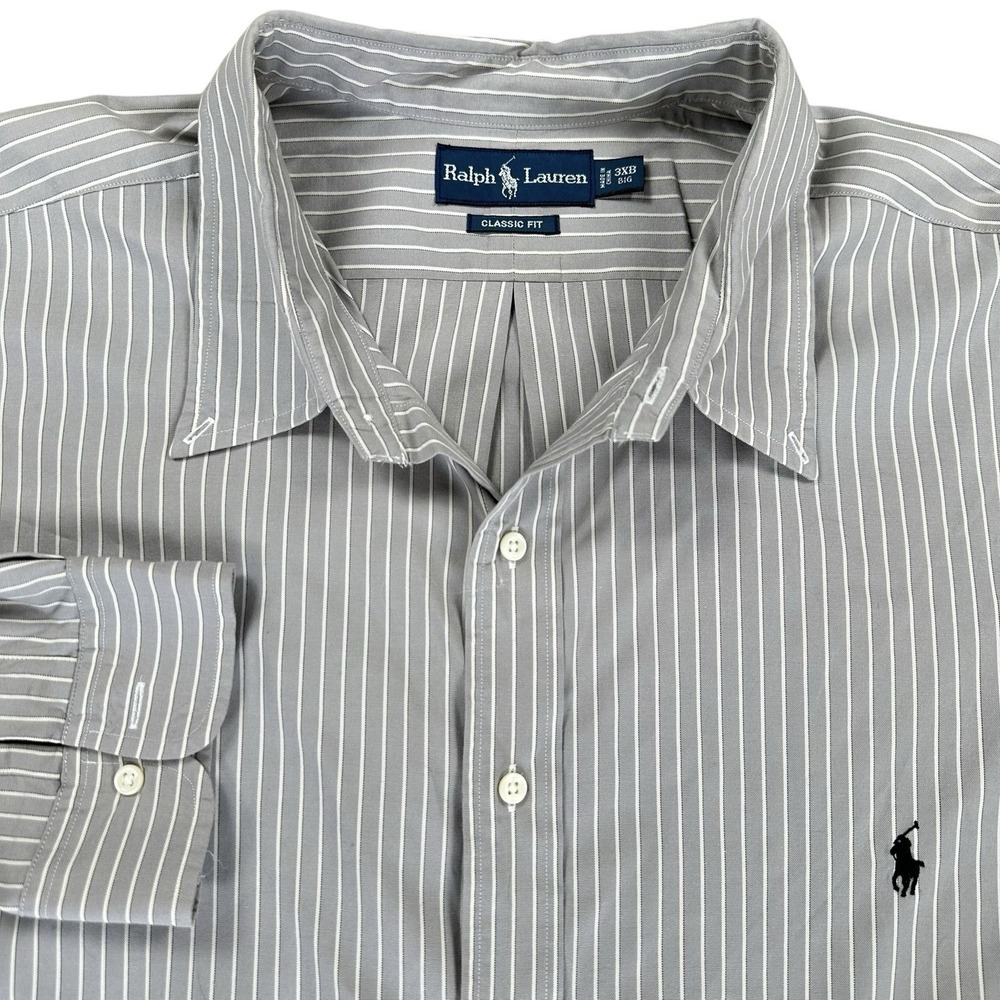 Ralph Lauren‎ Men's 3XB Big Long Sleeve Shirt Button Down Gray White Striped